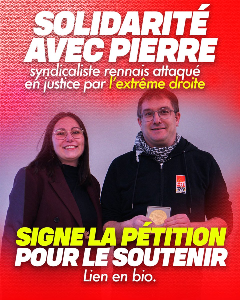 Pierre, syndicaliste rennais, est attaqué en justice pour avoir participé à une action légale et pacifique contre la venue de l'extrême droite à Pacé

Cette procédure vise à le faire taire. Aucune intimidation ne fonctionnera.

➡️Signez et faites signer : onparticipe.fr/p/buJihZ5s