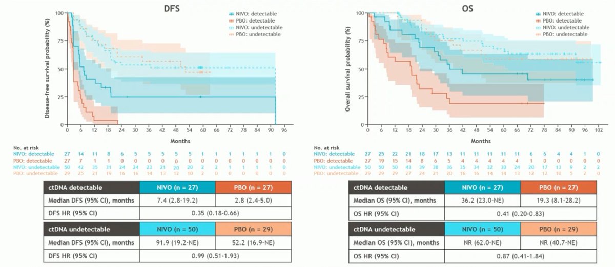 zklaassen_md's tweet image. 5-yr efficacy &amp;amp; ctDNA results from CheckMate 274: 
Adjv Nivo vs PBO for HR MIUC #ESMO25 @urotoday 

🌐 ⬆️DFS: all pts (HR 0.74, 95% CI 0.61-0.90) and PD-L1 ≥ 1% (HR 0.58, 95% CI 0.42-0.79)
🌐⬆️DFS: MIBC pts (HR 0.66, 95% CI 0.53-0.81) and PD-L1 ≥ 1% (HR 0.50, 95% CI 0.36-0.72)…