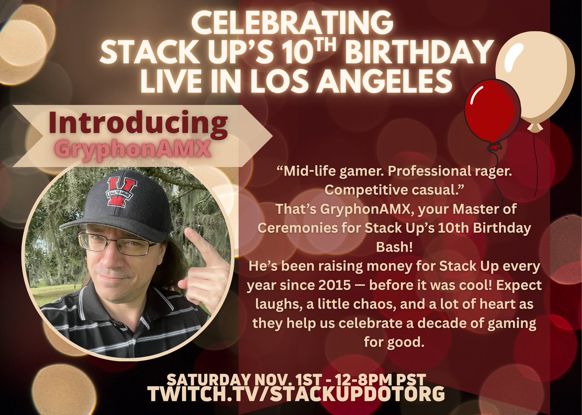 StackUpDotOrg's tweet image. We&apos;re celebrating 10 years of Stack Up with our Call to Arms X LIVE event in-person in Los Angeles. 

Joining us as our master of ceremonies is @GryphonAMX who has been raising money for Stack Up every year since 2015. It was a no-brainer to bring him along for our birthday…