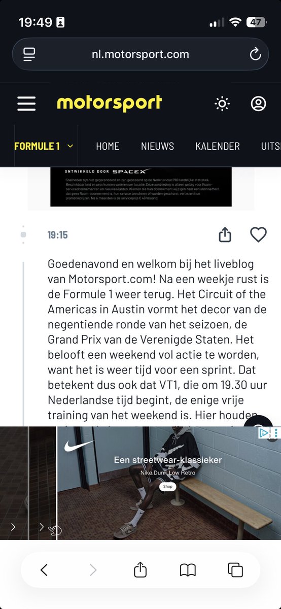 eijlander's tweet image. Lekker bezig ⁦@motorsportcomnl⁩, veel ruimte voor redactionele content - not. Ad wegklikken kan niet  #iphoneMini
