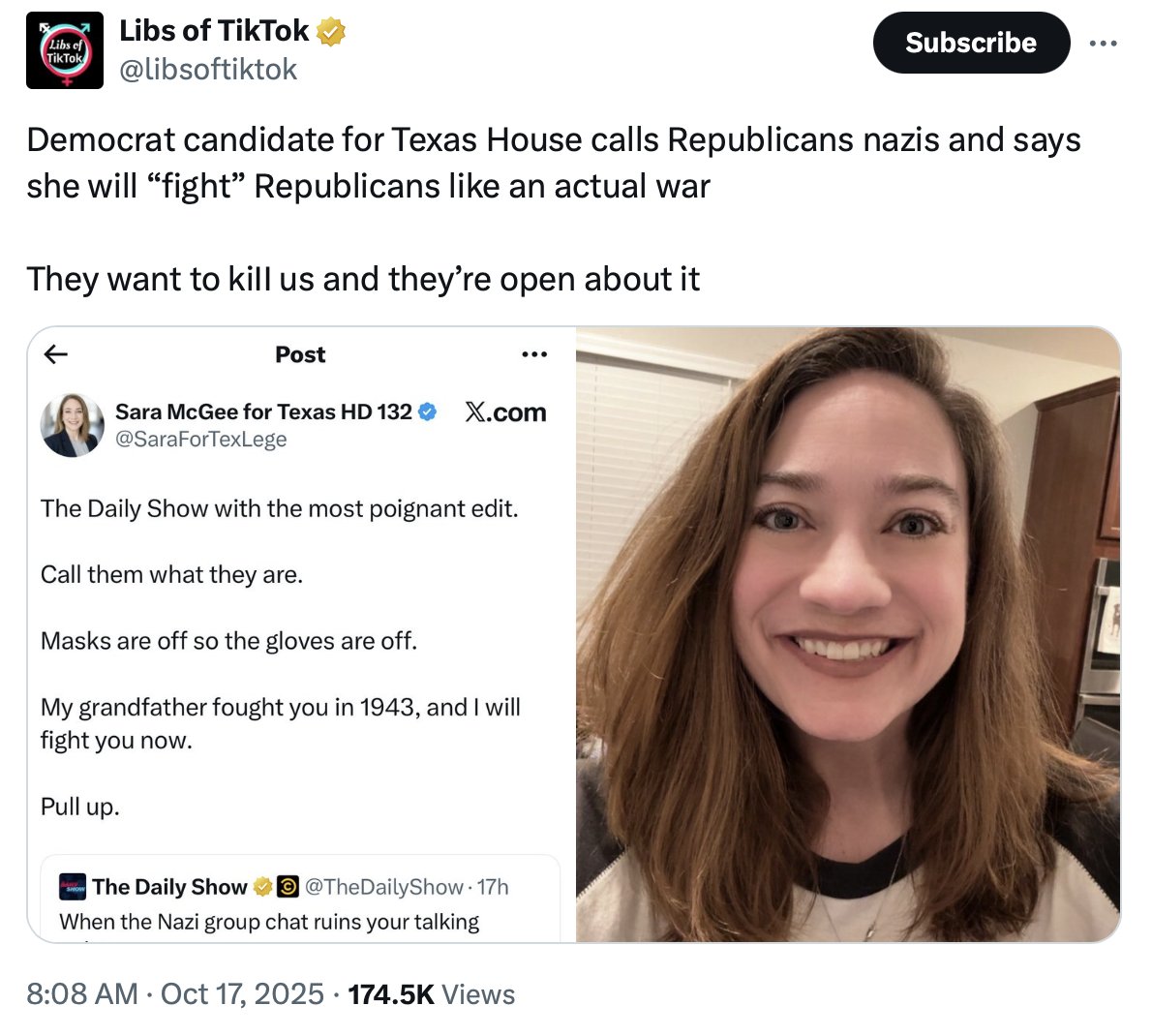 Michael Quinn Sullivan 🇺🇸 (@mqsullivan) on Twitter photo After being profiled and exposed by <a href="/libsoftiktok/">Libs of TikTok</a>, leftwing troll <a href="/SaraForTexLege/">Sara McGee for Texas HD 132</a> has now put her posts on "protected."
FWIW, Sara ain't right in the head. After being profiled and exposed by <a href="/libsoftiktok/">Libs of TikTok</a>, leftwing troll <a href="/SaraForTexLege/">Sara McGee for Texas HD 132</a> has now put her posts on "protected."
FWIW, Sara ain't right in the head.