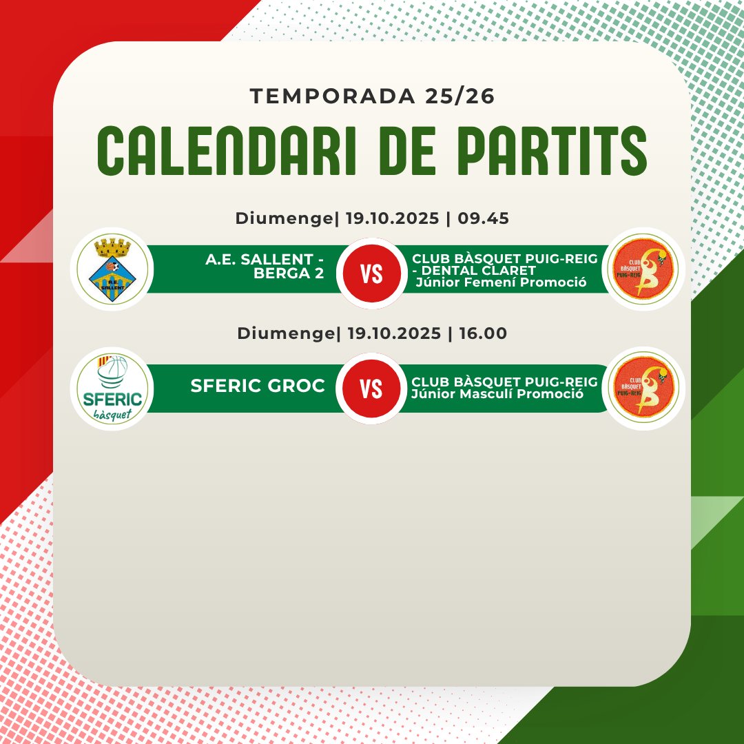 Seguiu tots els partits d'aquest cap de setmana del Club Bàsquet Puig-reig!

#ensagradaelbàsquet
#clubbàsquetpuigreig
#ensagradalesport
#bàsquetbase
#bàsquetcatalà
<a href="/basquetcatala/">Bàsquet Català</a>
<a href="/basquetberga/">Bàsquet Berga 🎗️</a>
@basquetmanresab
@cbnavas
@nbolesa
@ae_sallent
@sfericbasquet