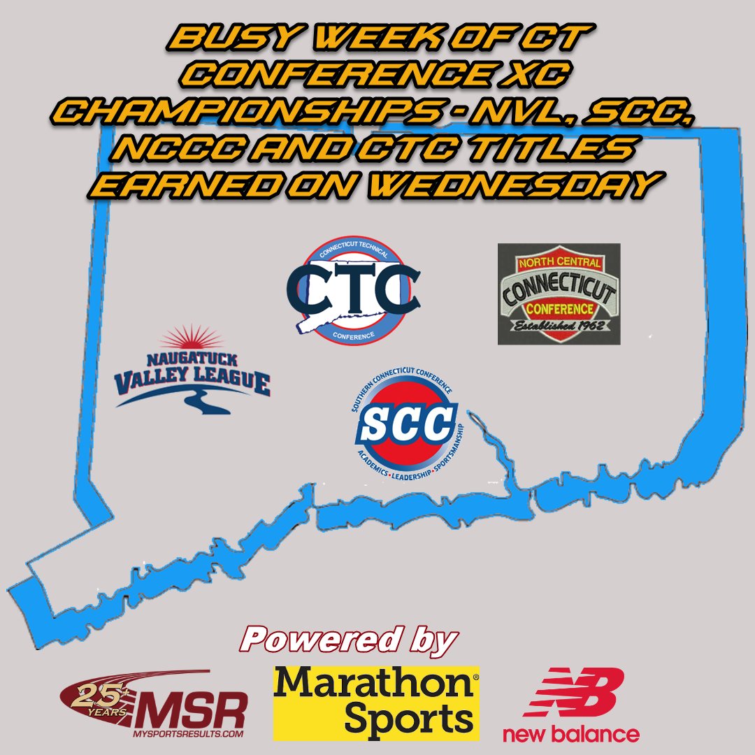 A Busy Week of CT Conference XC Championships - NVL, SCC, NCCC and CTC Titles Earned on Wednesday bit.ly/4784pZm
<a href="/Marathon_Sports/">Marathon Sports</a>  <a href="/NBRunning/">New Balance Running</a> <a href="/TheRunningAcad/">The Running Academy</a> <a href="/runnerspace/">RunnerSpace</a> <a href="/DyeStat/">DyeStat</a> <a href="/AthleticdotNet/">AthleticNET</a> <a href="/ciacsports/">CIAC Sports</a> <a href="/CTHSCA/">CHSCA</a> <a href="/GoECCAthletics/">ECC Athletics</a> <a href="/fciac/">FCIAC</a> <a href="/NVL_Athletics/">NaugValleyLeague</a> <a href="/_SLC_Athletics/">Shoreline Athletic Conference</a>