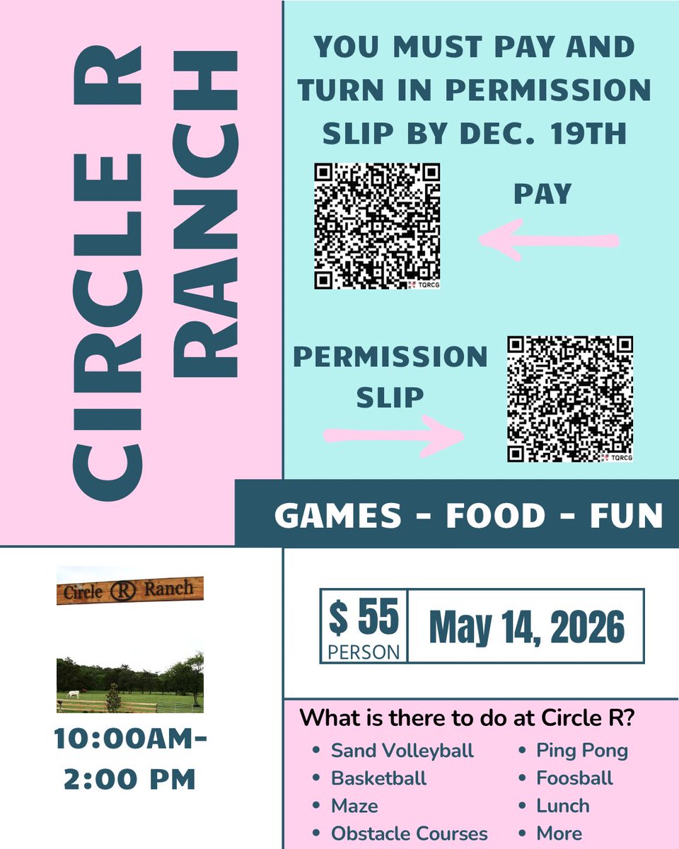 Seniors, we’re excited to be going back to Circle R Ranch in May!! Be sure to pay and turn in the permission slip form by Dec 19th. Both must be done in order to go on the trip