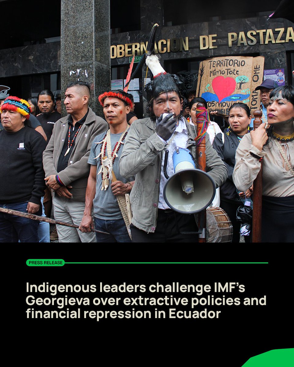 AFrontlines's tweet image. Indigenous organizations in #Ecuador delivered an open letter to @the_IMF Managing Director @KGeorgieva, directly challenging the institution’s role in promoting oil & mining expansion in the #AmazonRainforest @IMFNews 🔗amazonfrontlines.org/chronicles/ind…
#IMFMeetings #TheAmazonIsNOTforSale