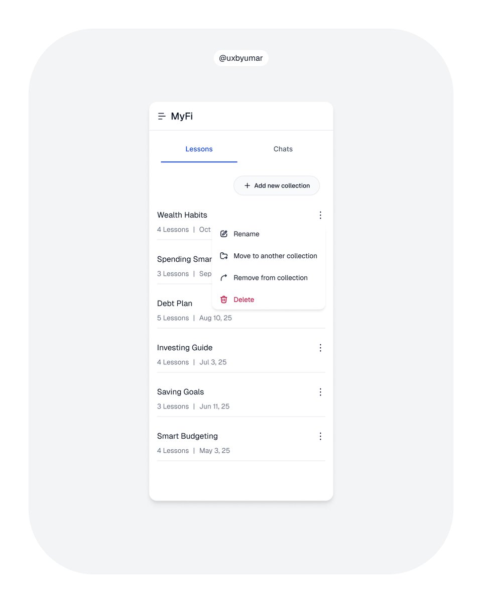 I split Lessons and Chats to separate quick inquiries from structured learning. The Collections page ties it together, a space to save lessons and recurring chats for easy access and better organization.