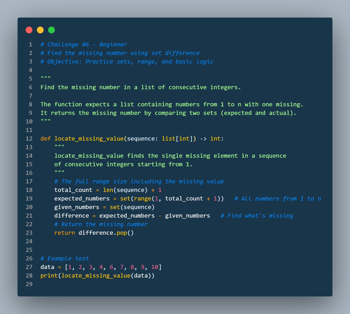 Shahrouzlogs's tweet image. 🐍 Day 6 #80DaysOfChallenges
Today I learned how powerful #Python sets can be, just one clean set difference can reveal a missing number. No loops, no noise, just logic.
It’s funny how the simplest ideas often feel the most satisfying.