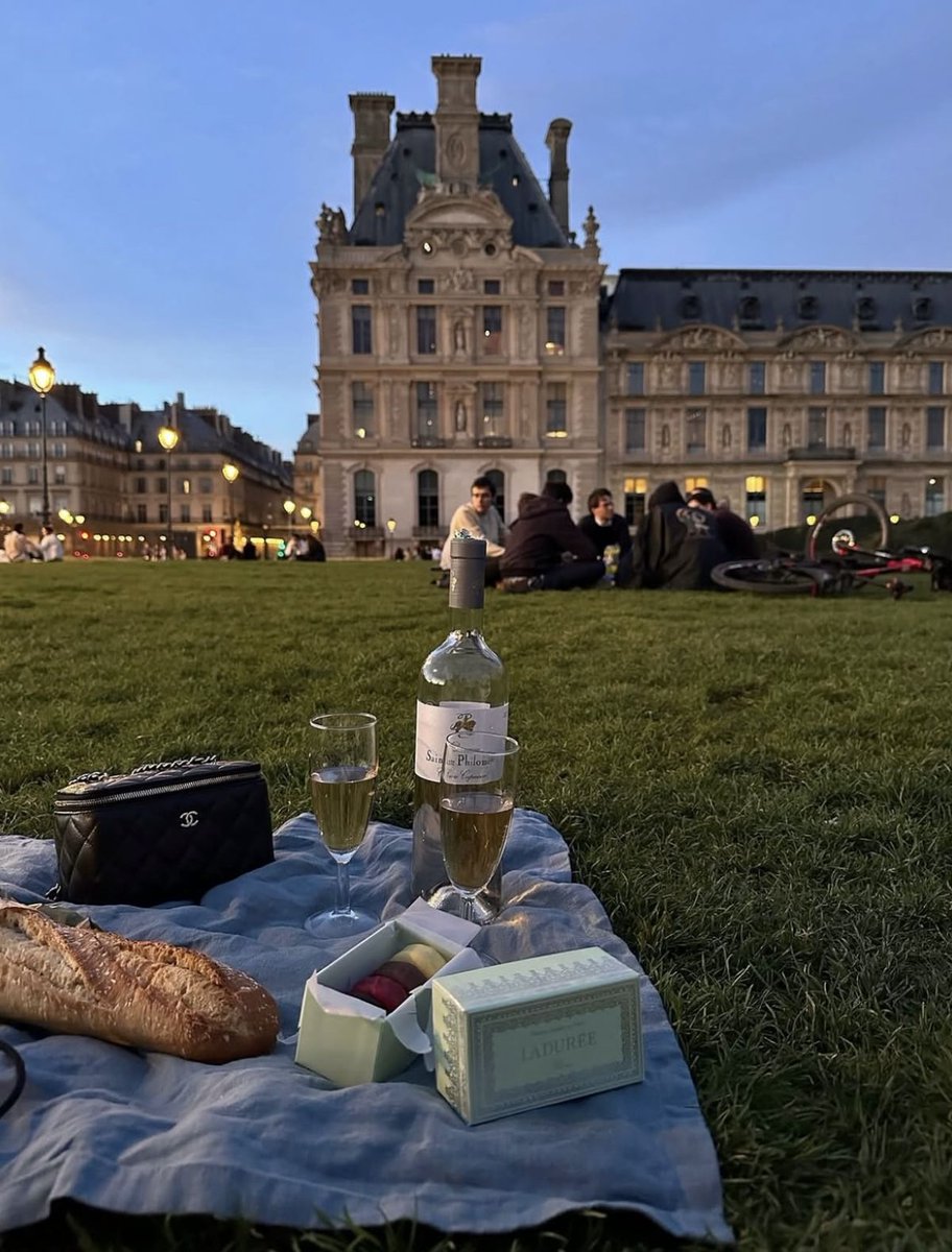 Parisianaes1's tweet image. A romantic picnic at dusk in front of the Louvre. Parisian elegance at its finest 🍷🥖