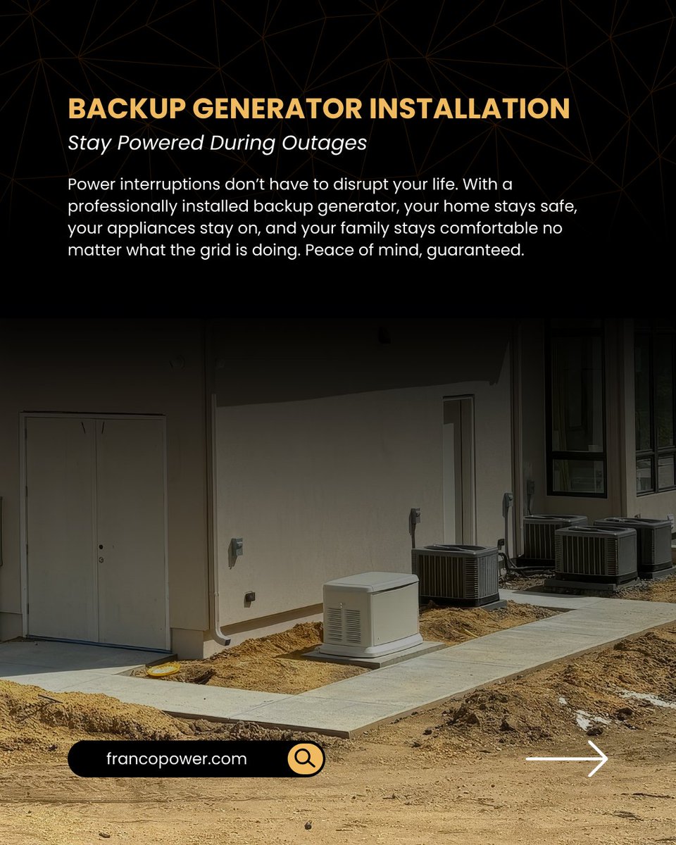 fbelecllc's tweet image. ⚡ Stay powered during outages.
With a backup generator from Franco Bros. Electric, your home stays safe, your appliances stay on & your family stays comfortable. 🏡🔋
👉 Get peace of mind with us: francopower.com
#FrancoPower #BackupGenerator #HomeSafety #PeaceOfMind