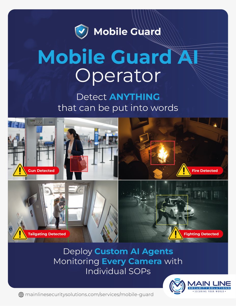 MainLineProtect's tweet image. Mobile Guard  AI Operator does more than watch—it enforces.
From monitoring every camera with your custom SOPs to notifying and escalating in real time, Mobile Guard delivers precision and protection at every step.

#AISecurity #MobileGuard  #AlwaysProtecting