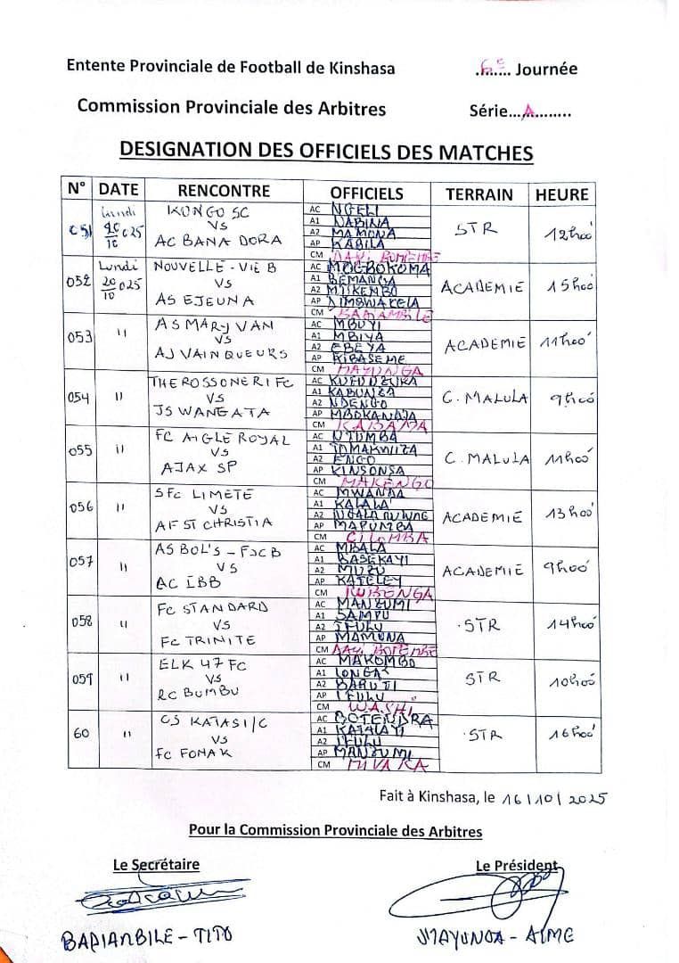 DÉSIGNATION DES OFFICIELS DES MATCHS DE LA 6E JOURNÉE