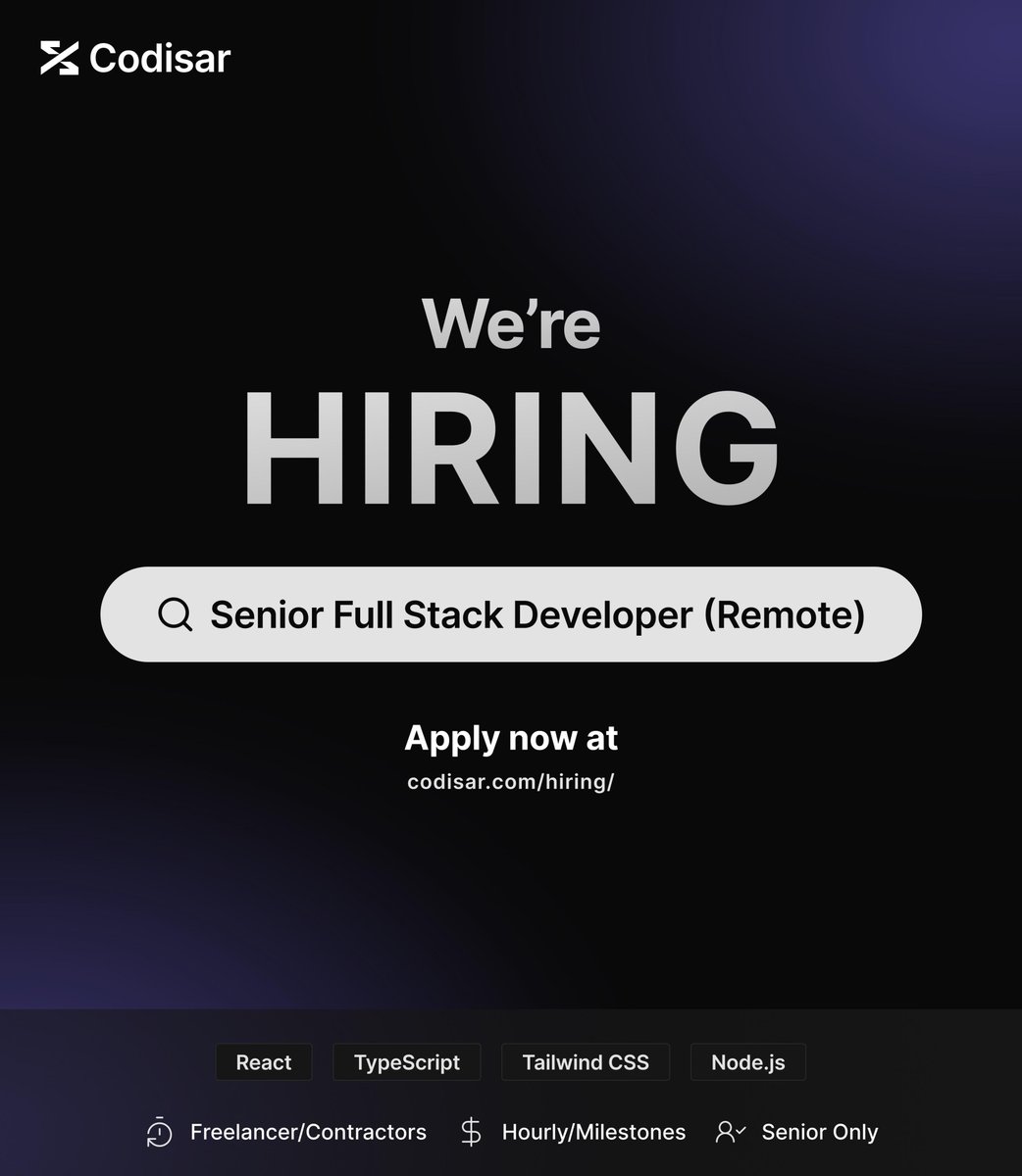 MohammadOrabi96's tweet image. We are Hiring Freelancers
Codisar is looking for a Senior Full-Stack Developer (Remote).
React · TypeScript · Node.js
Apply at codisar.com/hiring