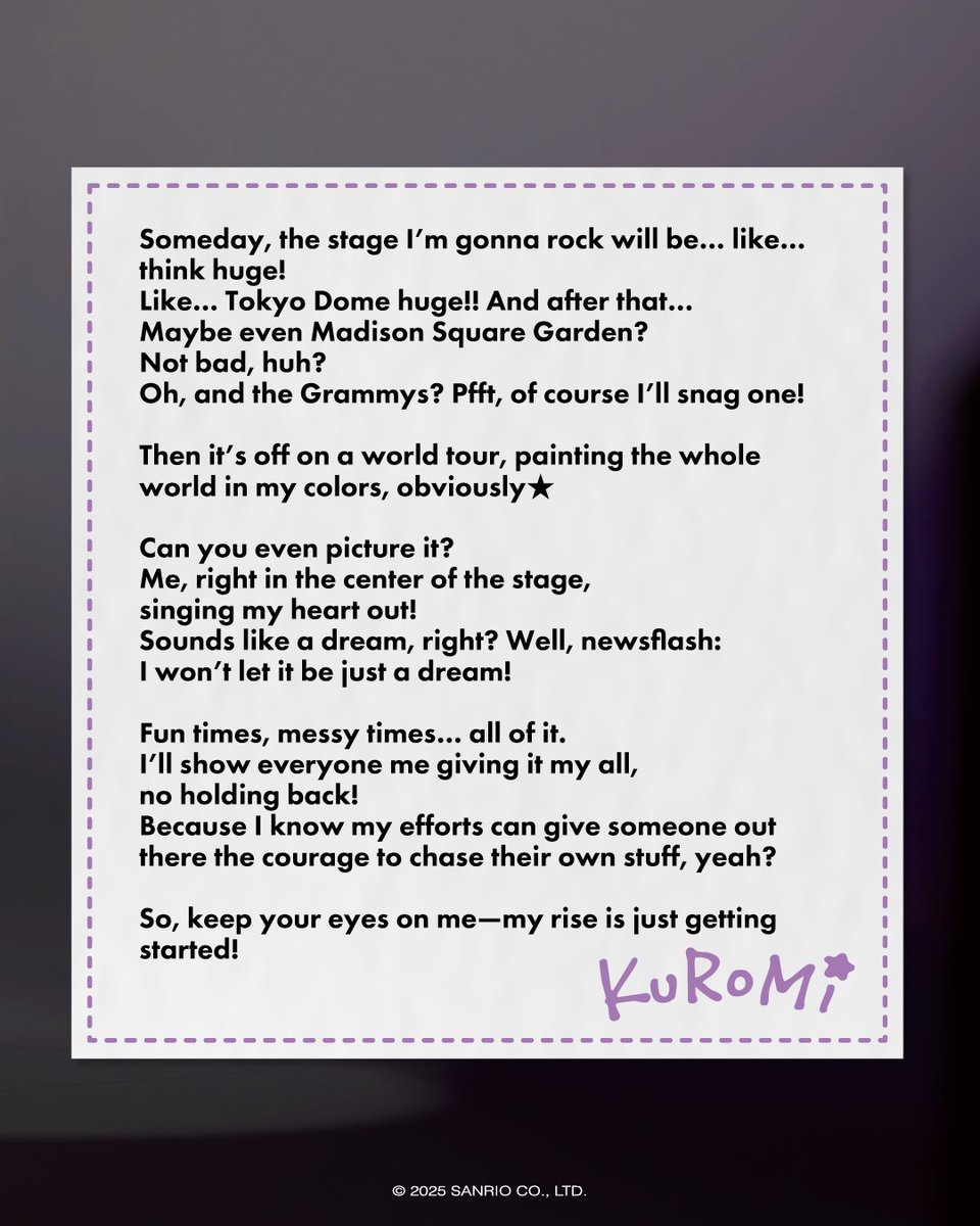 sanrio's tweet image. COMING SOON ⭐️💜 Kuromi's debut album drops 10.21.25!

Watch the music video to her first single [OHIRUNE DAY DREAM] now: bit.ly/48vanpu