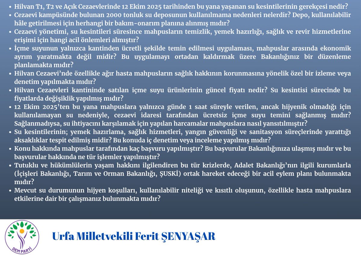 📌Hilvan Cezaevi’nde insanlar günlerdir bir yudum suya muhtaç! 
📌Günlerdir cezaevinde sular akmıyor.
Cezaevleri tıklım tıklım, adalet nefessiz!” 
📌Hilvan cezaevinde insanlık onuru ayaklar altına!
Bu susuzluk sadece bedenleri değil, adaleti de kurutuyor!
#KHKmağduriyettir