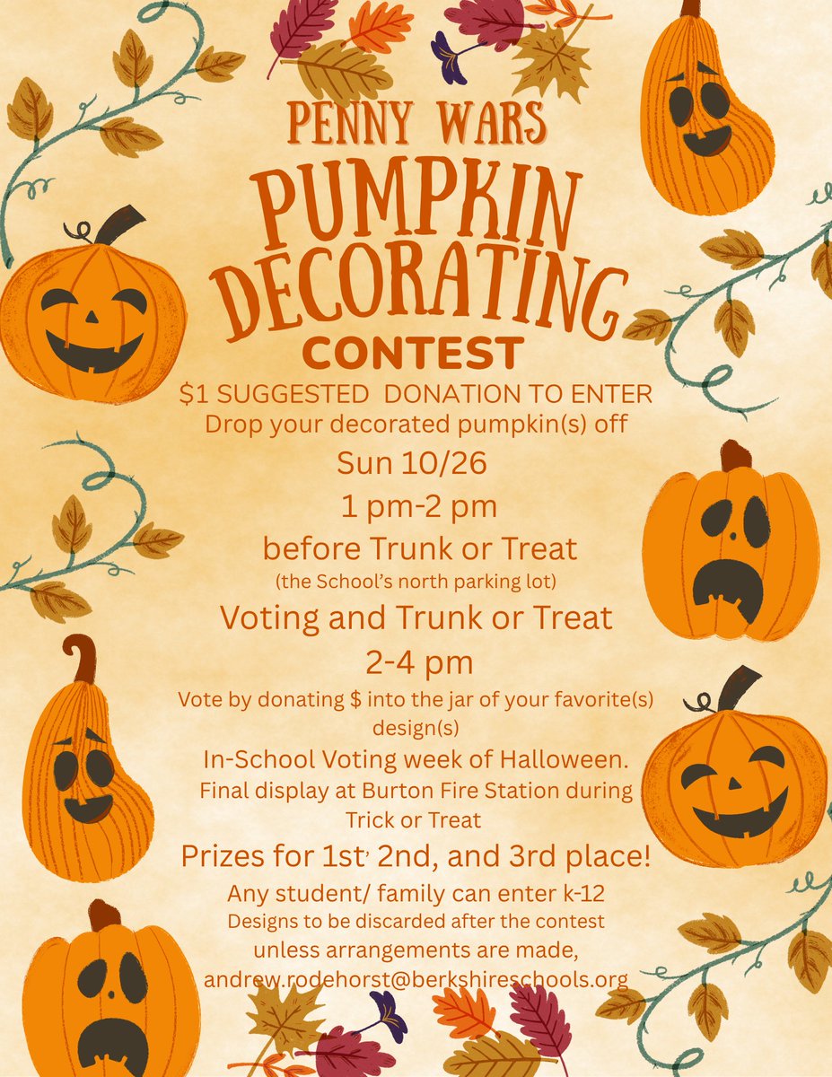 🎃Grab some paint, glitter, accessories, and a pumpkin - the annual K-12 Pumpkin Decorating Contest is back!

Learn how to enter and more info at the link below!

berkshireschools.org/post-detail/~b…