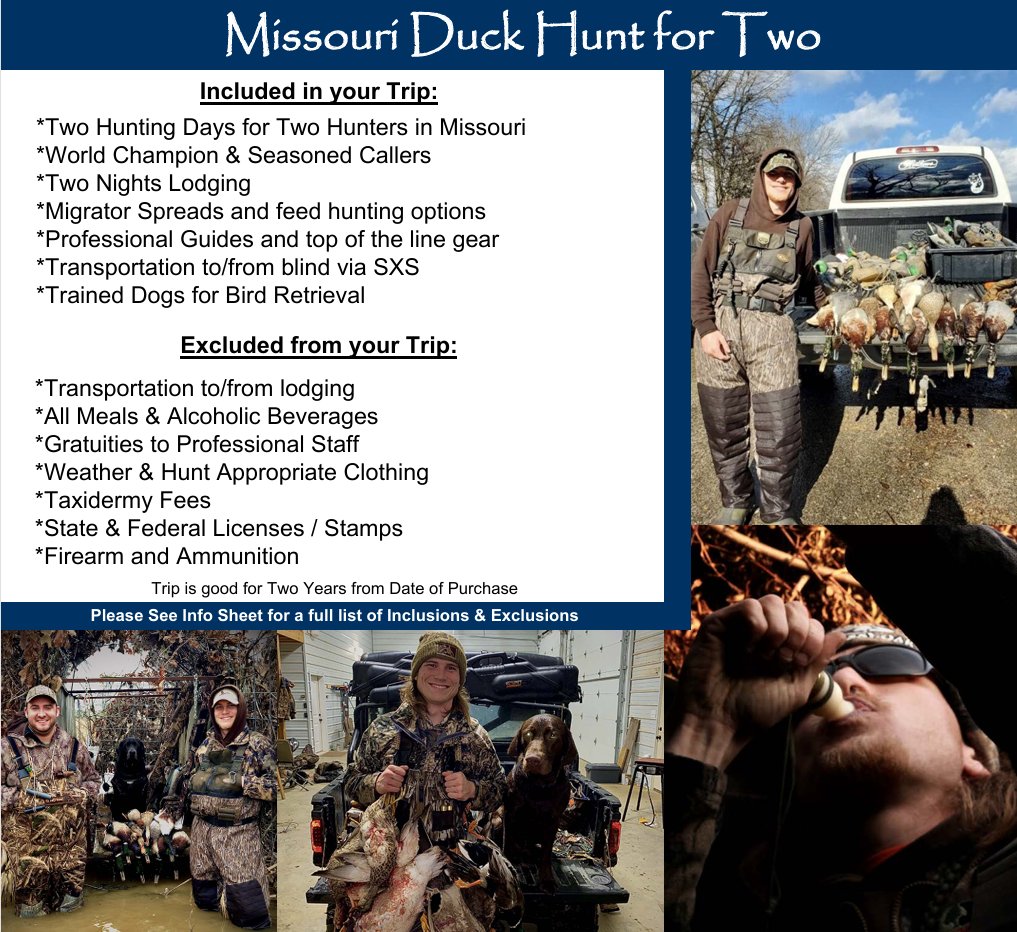 TylersHope's tweet image. 🦆 **Auction Sneak Peek** 🦆
Bid on the ultimate *Missouri Duck Hunt for 2* — 2 hunting days, 2 nights lodging, pro guides, top gear &amp;amp; world champion callers.
Available **exclusively** at our Friday night Hope Weekend dinner!
#HopeWeekend #TylersHope #DuckHunt #AuctionSneakPeek