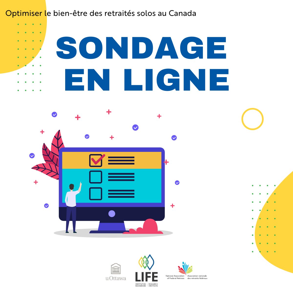 📢 Le Life Research Institute de @UOttawa lance un projet novateur sur le bien-être des retraités vivant seuls. Vous êtes concerné(e)? Participez à l’enquête nationale (FR/EN) ouverte jusqu’au 15 nov.

👉 cstu.io/60730c

<a href="/ReseauFADOQ/">FADOQ</a> #VieillirPositivement #ContreLâgisme