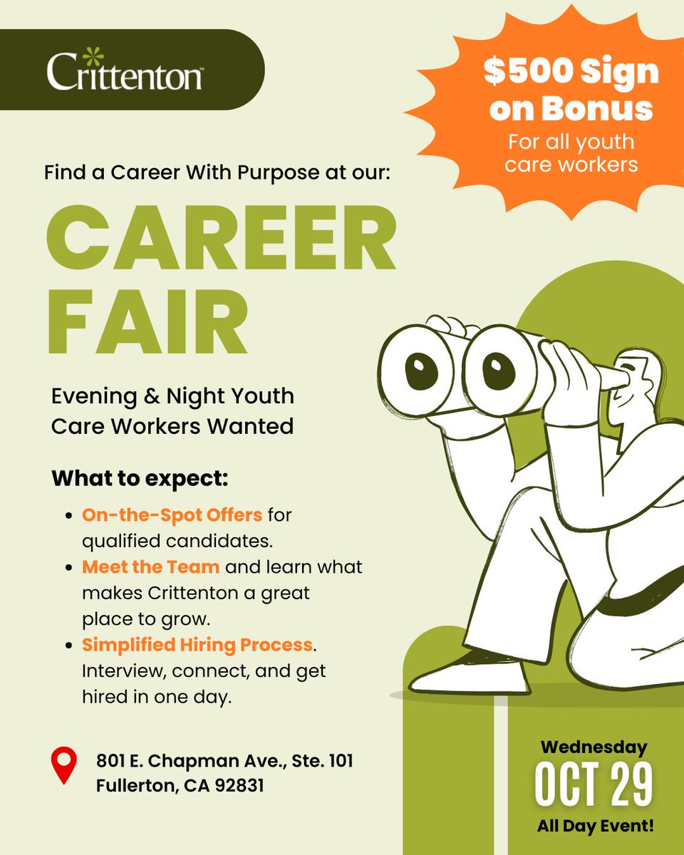 Reminder: The Crittenton Career Fair is coming up!
Interview on the spot and explore Youth Care Worker roles that make a difference.
📅 Wednesday, October 29 | 📍 Fullerton, CA
Bring your resume! 💚
#CrittentonSoCal #JobFair #NowHiring #CareerFair