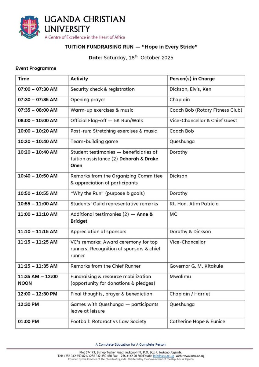 Every stride at this year’s UCU Tuition Run brings a student closer to their dreams.
Tomorrow, we run for hope, together with our District Governor <a href="/GKitakule/">Geoffrey M. Kitakule</a>, leading this noble cause as the Chief Runner. 
Together, let's Unite For Good. 💪🏾
#RotaryEyamba
#UCUTuitionRun