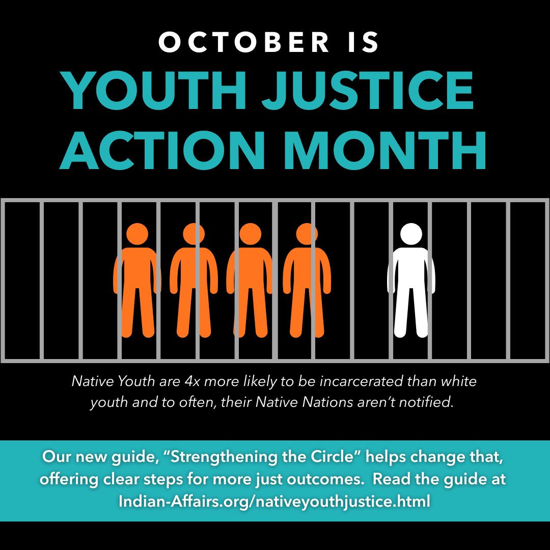 IndianAffairs's tweet photo. This October, during Youth Justice Action Month, we’re calling attention to Native youth — 4x more likely to be incarcerated than white youth.
Our new guide shows how to change that.
📖 https://t.co/Hcx3kCs7Tt
#YouthJustice #YJAM https://t.co/kR6O2Q7nTK
