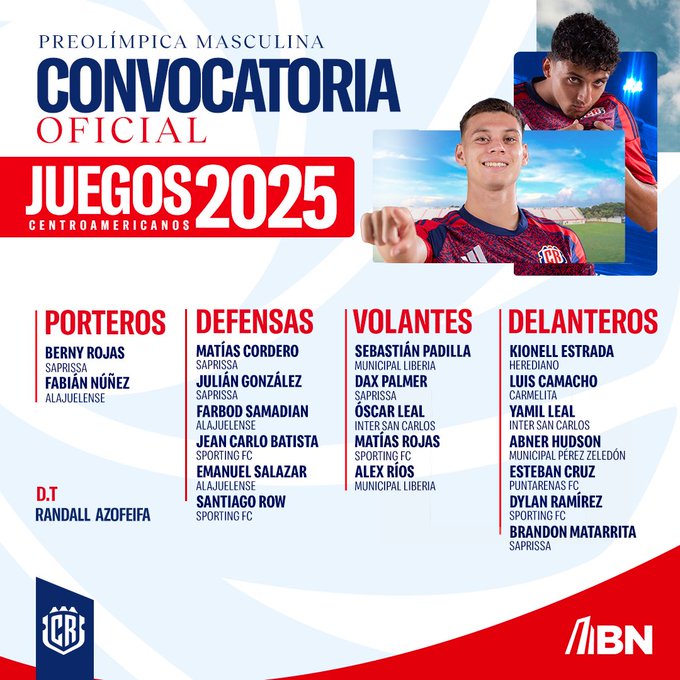 Graphic image displays the official roster for Costa Ricas pre-Olympic mens team for 2025 Central American Games with header text in Spanish listing positions goalkeepers defenders midfielders forwards and player names like Banny Rojas Julian Cordero Sebastian Paddilla Lionel Estrada including photos of young male soccer players in red national team jerseys posing on a sunny field with sponsor logos at bottom such as CBR BN and no external platform watermarks