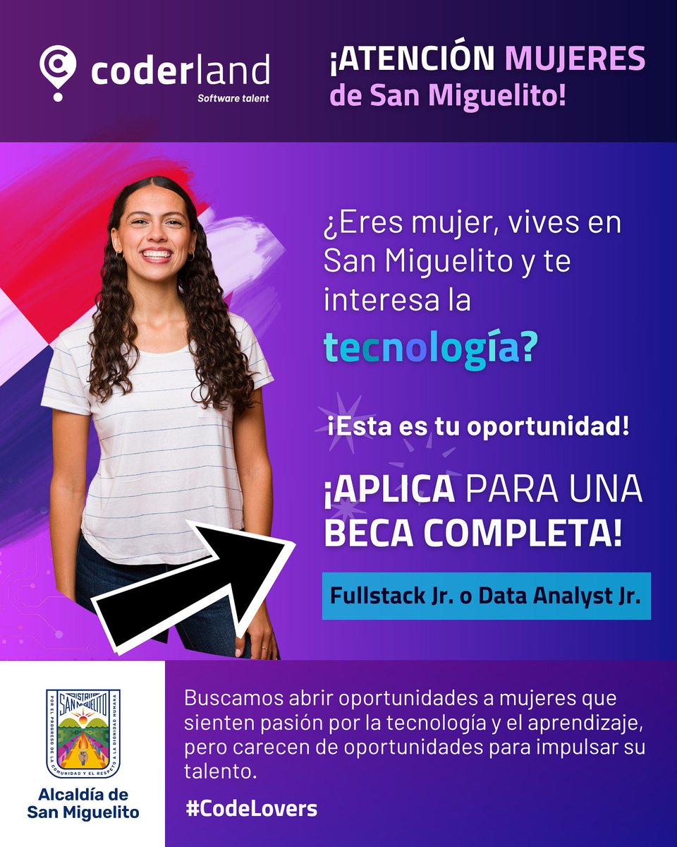 ¡Atención vecinas de San Miguelito! 

¿Te apasiona la tecnología y sueñas con desarrollar tu talento en este campo? 💻
Gracias a Coderland, hoy tienes la oportunidad de aplicar a una beca completa en los programas:
👩‍💻 Fullstack Development Jr.
📊 Data Analyst Jr.

Desde la