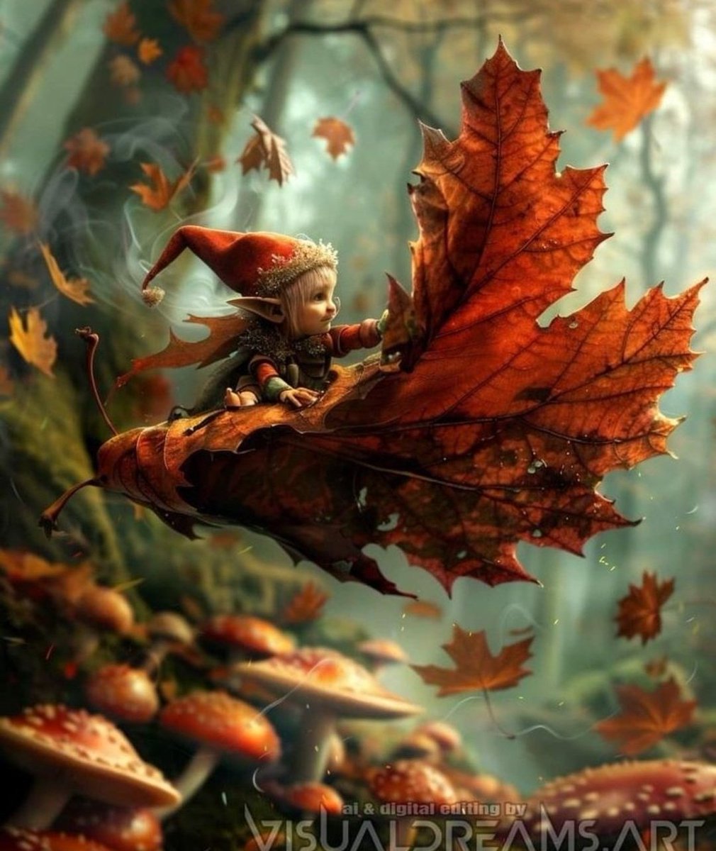 Lindy112233's tweet image. On a single leaf the journey begins..riding the autumn breeze through the colorful forest where every leaf whispers the magic of Autumn 🍂
#whimsical #freespirited
#magical #autumn #leaf