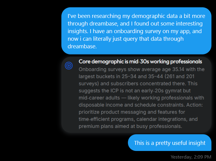 Had a great time chatting with the <a href="/DreambaseAI/">Dreambase</a> founders. Huge unlock for small/medium businesses without the budget for growth hacking / product development teams. It's essentially chatGPT meets product reports for your <a href="/supabase/">Supabase</a> data. Plug and play.