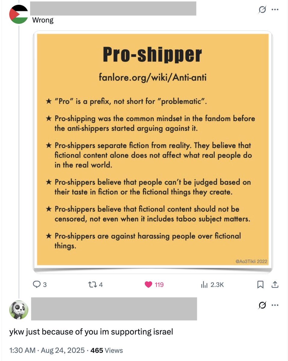 August 2025 - a submission

A proshipper has a Palestine flag as pfp and posts an info sheet on what “proship” means

an anti makes a very normal comment about it

According to the submitter, the anti treated this whole thing as a “joke” later on
