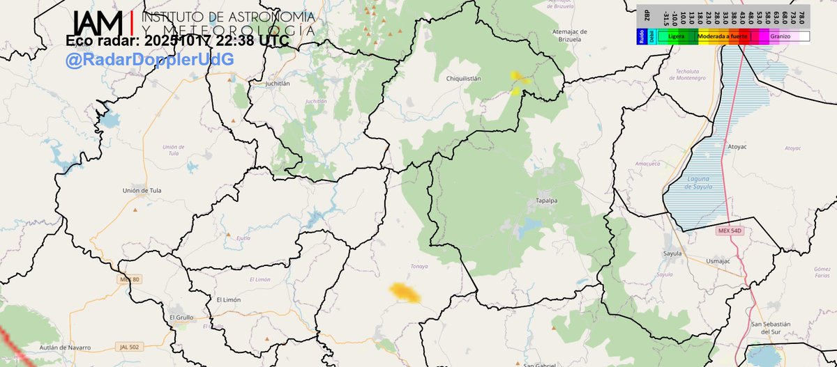 Se detectan ecos de lluvia moderada a fuerte puntual en Chiquilistlán y Tonaya