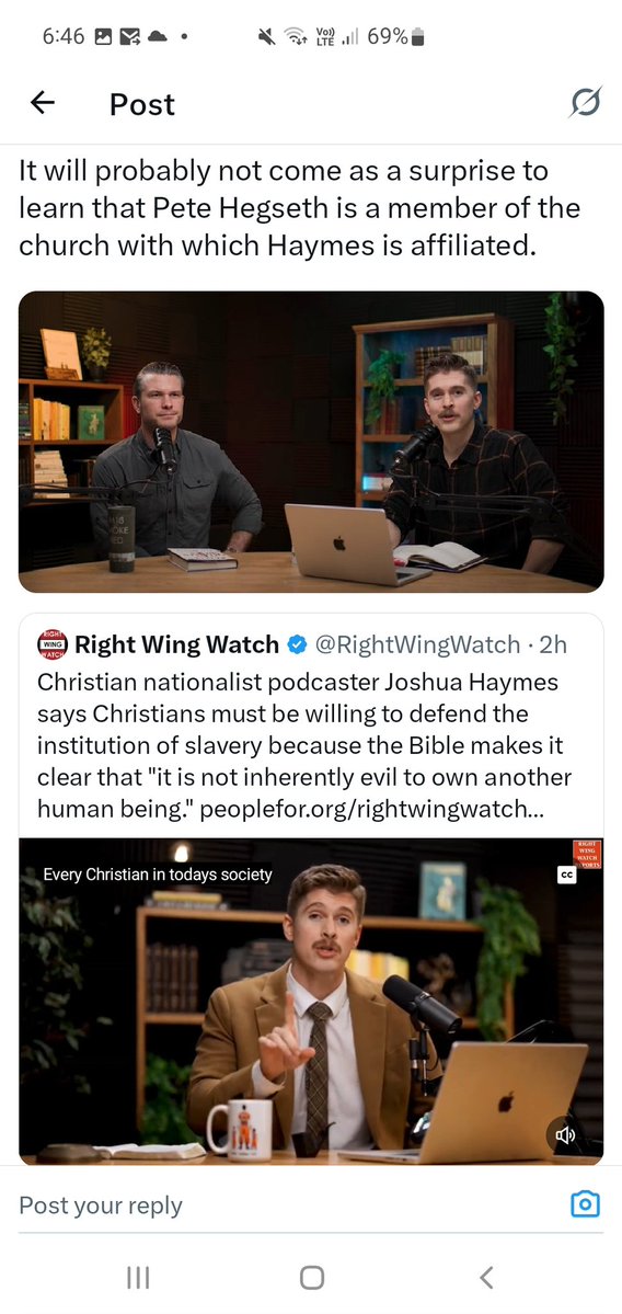JasminePit55002's tweet image. @BaddCompani Wtf, "every Christian should be allowed to own a slave and another human being. ". Christian Nationalist Joshua Haymes with fellow Crusader Hegsweth. Evil motherfuckers. 😡😠