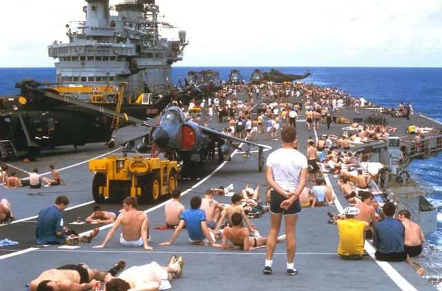 British aircraft carrier HMS Hermes en route to the Falkland Islands, 17 April 1982.