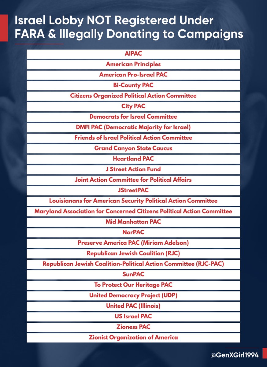 It is illegal for agents advocating for a foreign country to contribute to US elections

As the era of AIPAC comes to an end soon, remember, they are not the only Israel lobby

At least 28 others are not FARA registered &amp; donate to the elections of US political candidates