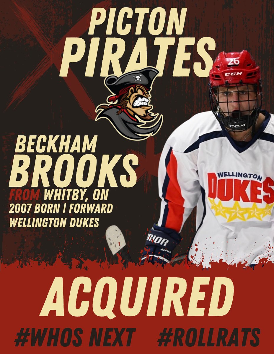 🏴‍☠️ ROSTER NEWS: The Pirates have acquired 2007-born F Beckham Brooks from the Wellington Dukes!

Previously with the Central Ontario Wolves U18 AAA: 22 pts in 27 games, +6 in 7 playoffs. With Wellington: 2 goals in 6 games

Welcome to Picton, Beckham!