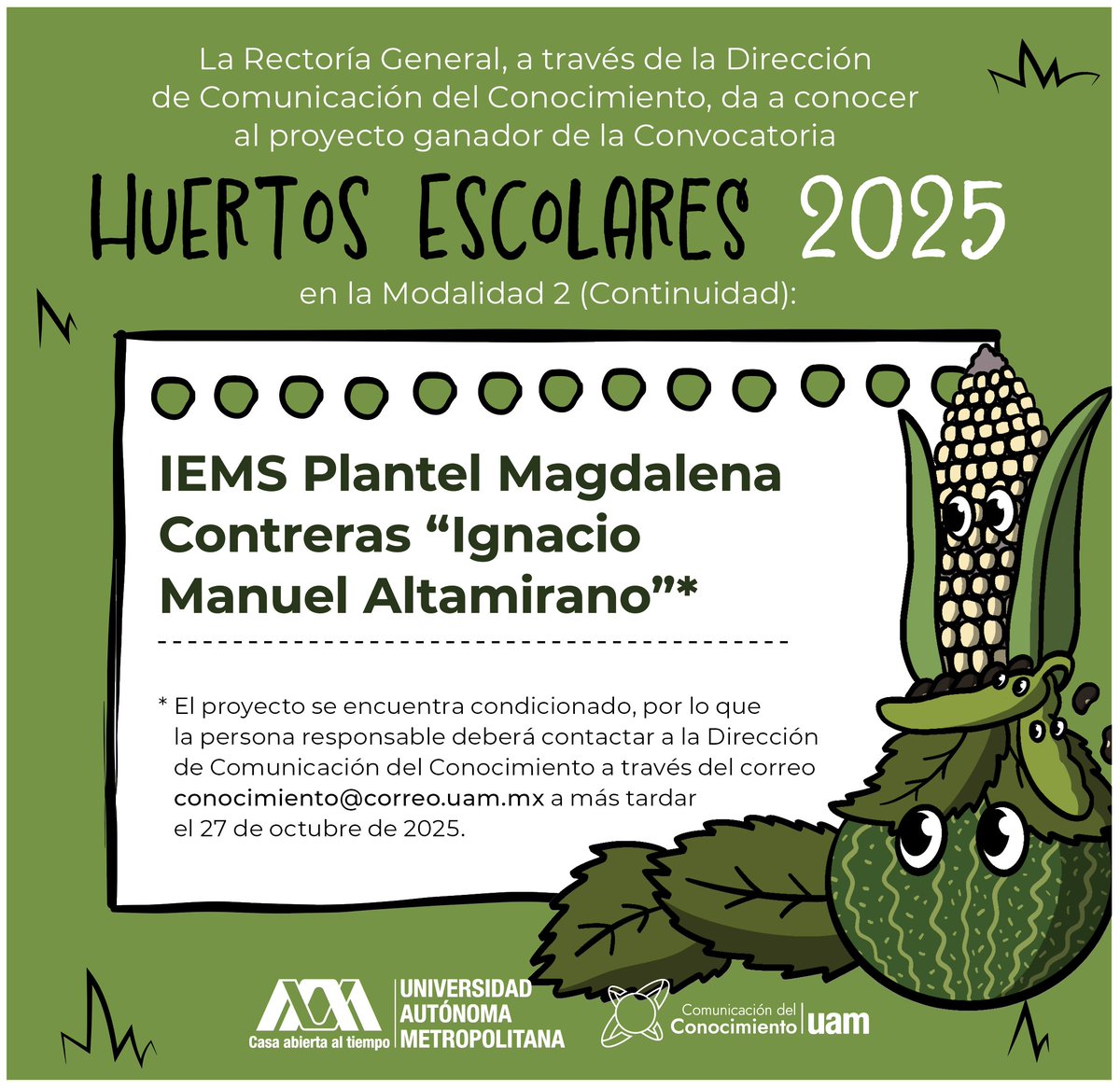 lauammx's tweet image. 📣 Aquí el proyecto ganador de la Convocatoria Huertos Escolares 2025

#SoyUAM #HuertosEscolares #Conocimiento #UAMResponsable @ConocimientoUAM