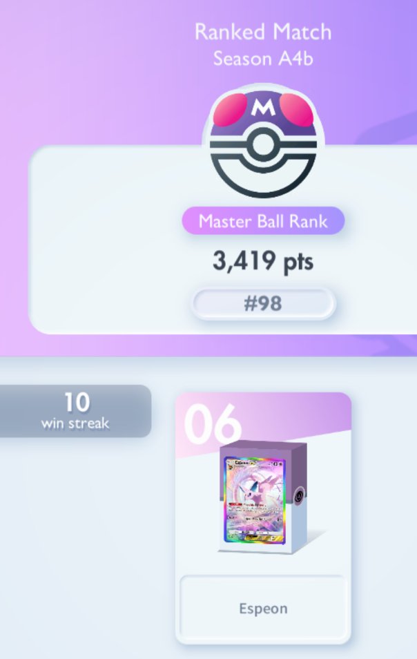 I didn't belive in Espeon in a Sui meta but my GOAT got me back in top100. Super happy pocket is fun again😄
#PokemonTCGPocket #ポケポケ