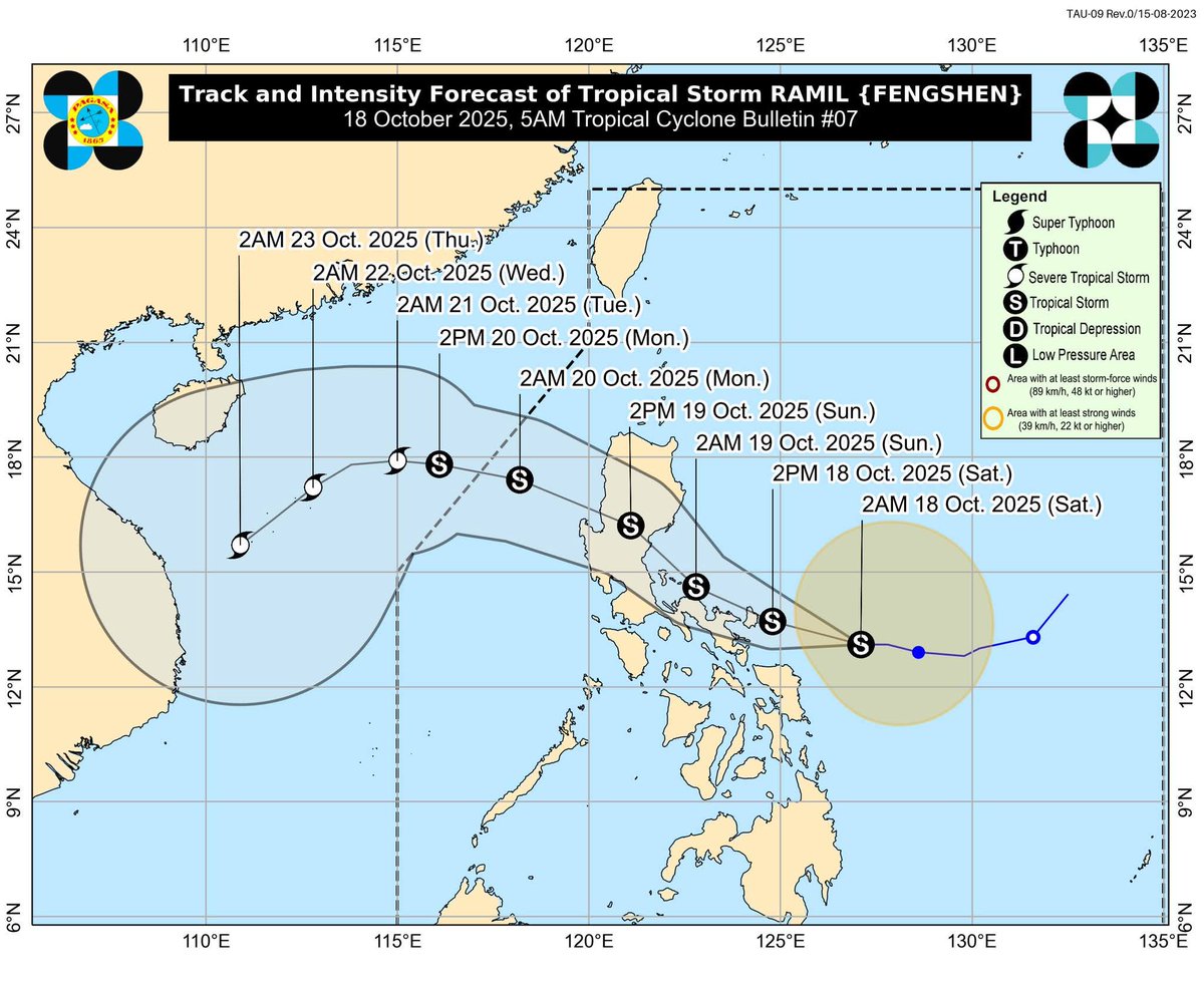 marvinoloris's tweet photo. TS #Fengshen #RamilPH is expected to make landfall in #Catanduanes this afternoon. The system has displaced convection to the south, meaning more rains are expected in #Samar, #Bicol region, #Masbate, #Marinduque, etc. Its forecast landfall in #Aurora/#Quezon will be on Sunday. https://t.co/3KQgzDWFHG