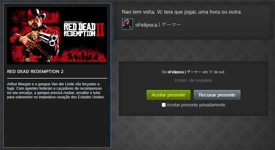 NEM FUDENDOOOOOOOOOOOOO DO NADAAAAAAAAAAAAAAAAAA 

Está confirmado, em algum momento jogarei Red Dead Redemption 2

<a href="/oFelipoca/">oFelipoca</a> eu te amo linda 😘
