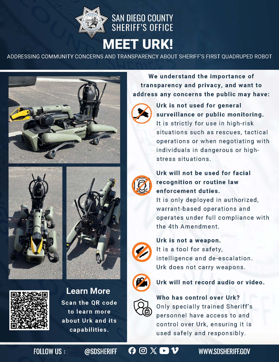 SDSheriff's tweet image. #KeepingYouSafe The San Diego County Sheriff's Office now has a new resource that will help keep #SanDiegoCounty safe. Meet Urk, our first quadruped robot. Named after a Sheriff's K-9 who was killed in the line of duty in Vista in 2003, Urk the robot will be used by