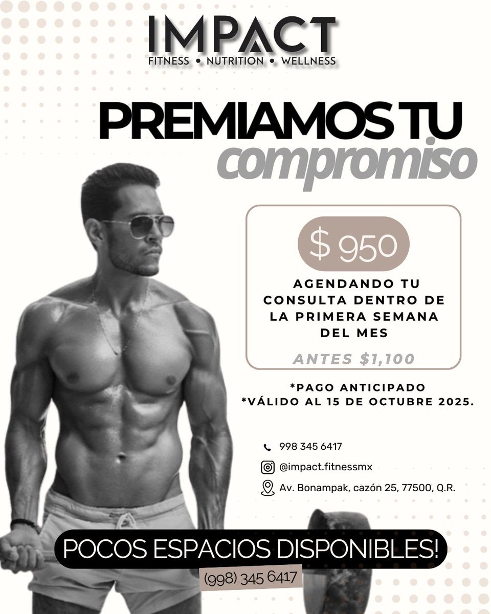 INTEGRAMAGAZINE's tweet photo. 💥 Tu esfuerzo merece recompensa 💥
Agenda tu consulta por solo $950 y transforma tu bienestar 🌱✨
📅 Válido hasta el 15 de octubre.
⚡ ¡Pocos espacios disponibles!
#ImpactFitness #Nutrición #Wellness https://t.co/mqfCnPz3n7