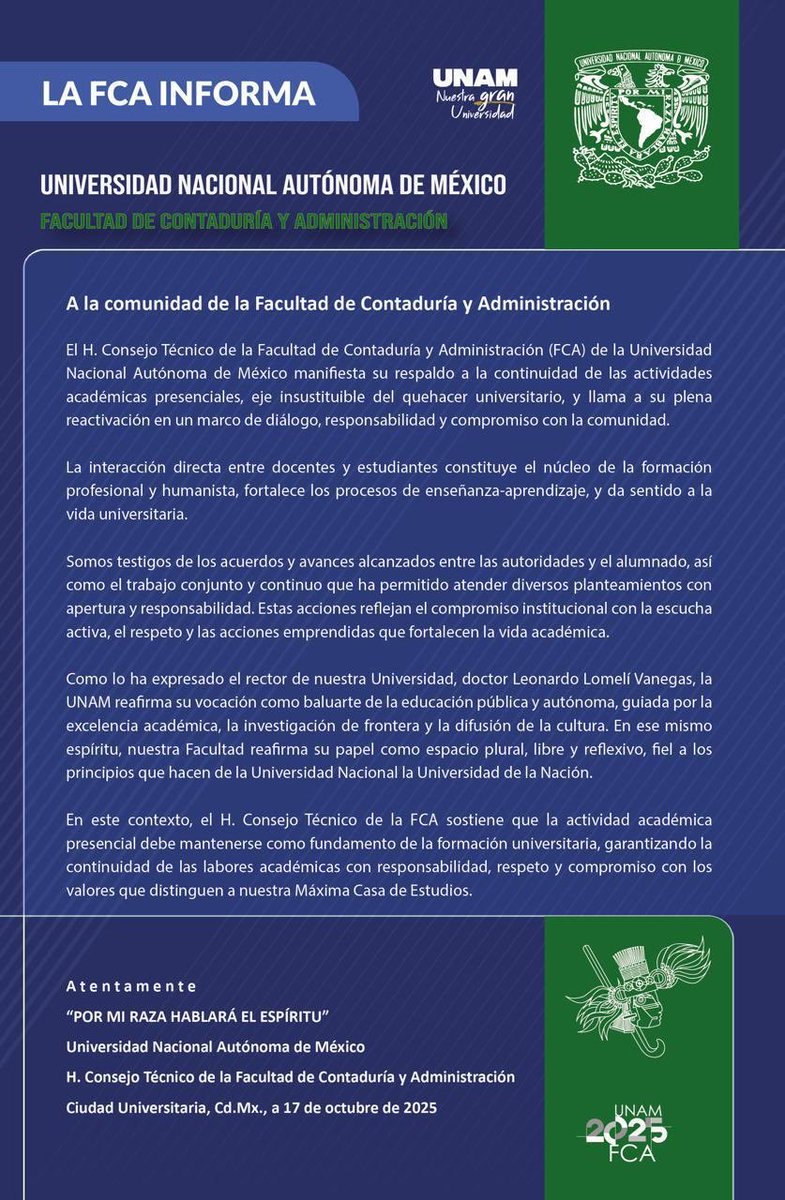 Como parte de H. Consejo a técnico de la Facultad de Contaduría y Administración de la UNAM les comparto el siguiente comunicado para su conocimiento y respaldo.