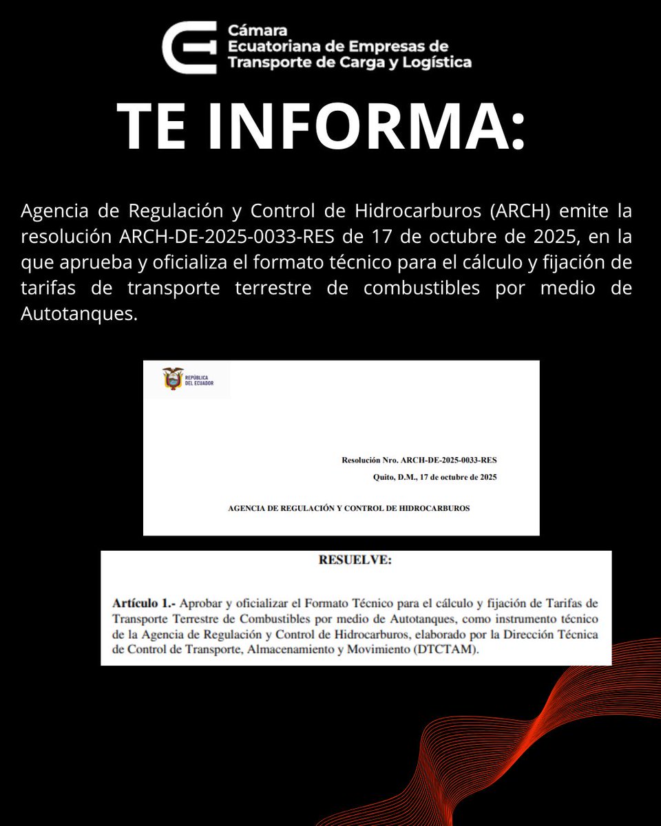 Como resultado de varias reuniones y revisión técnica de costos, presentación de informes y variables relacionadas al transporte de derivados de petróleo, la Agencia de Regulación y Control de Energía y Recursos Naturales No Renovables (ARCH) ha emitido la Resolución Nro.