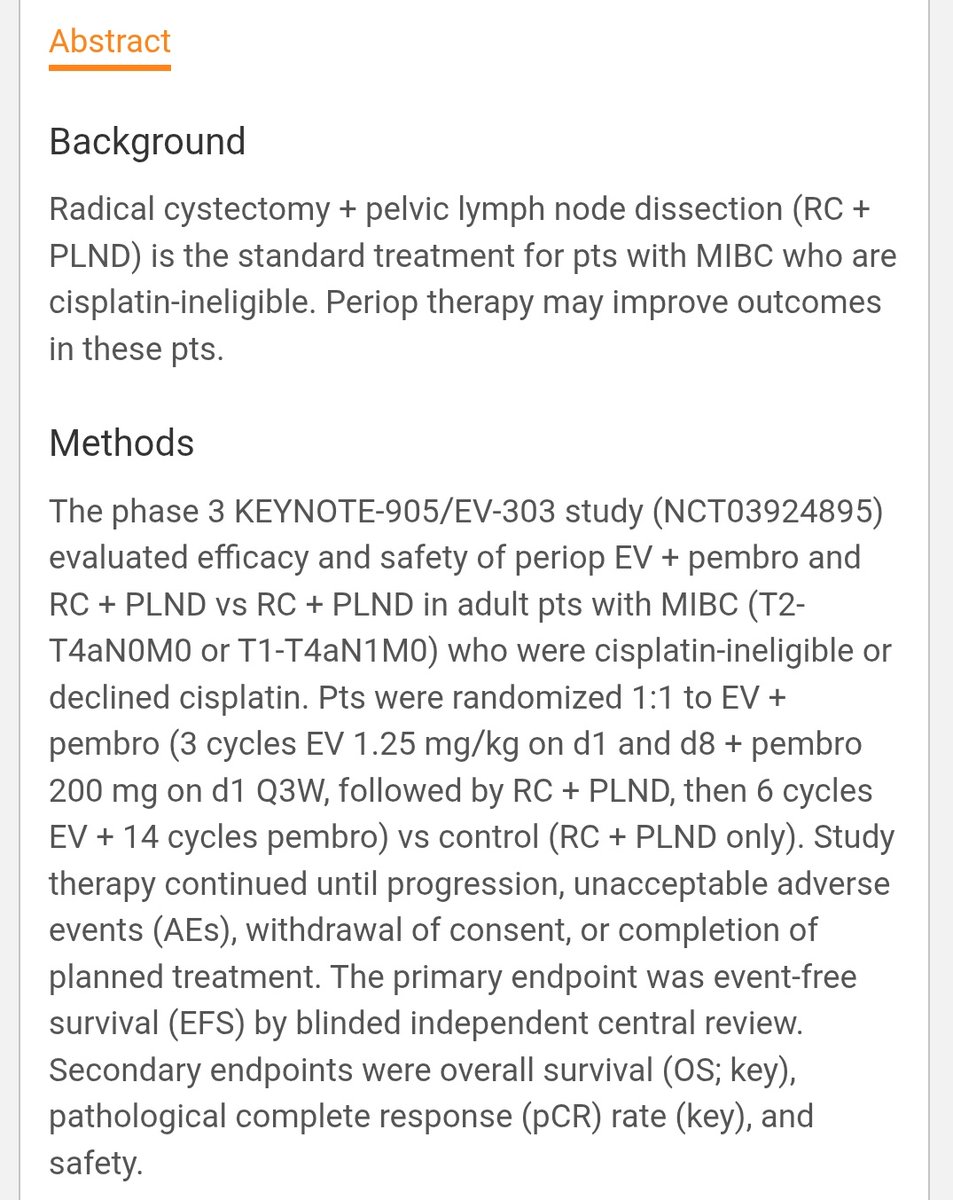 SuyogCancer's tweet photo. 🚨 LBA2 | KEYNOTE-905 (ESMO 2025)
Peri-operative Enfortumab Vedotin + Pembrolizumab sets a new standard for cisplatin-ineligible MIBC 💥
🧪 EV + Pembro before & after RC vs RC alone
👥 170 vs 174 pts | FU 25.6 mo
📈 Results:
• EFS HR 0.40 (NR vs 15.7 mo)
• OS HR 0.50 (NR vs 41.7 mo)
• pCR 57% vs 9% 💪
🩹 Grade ≥3 AEs 71% vs 46% (mainly skin tox)
💬 Conclusion: EV + Pembro significantly improves EFS, OS & pCR with manageable toxicity — first effective peri-op regimen for cisplatin-ineligible MIBC.
#ESMO25 @myESMO @tompowles1 @DrChoueiri