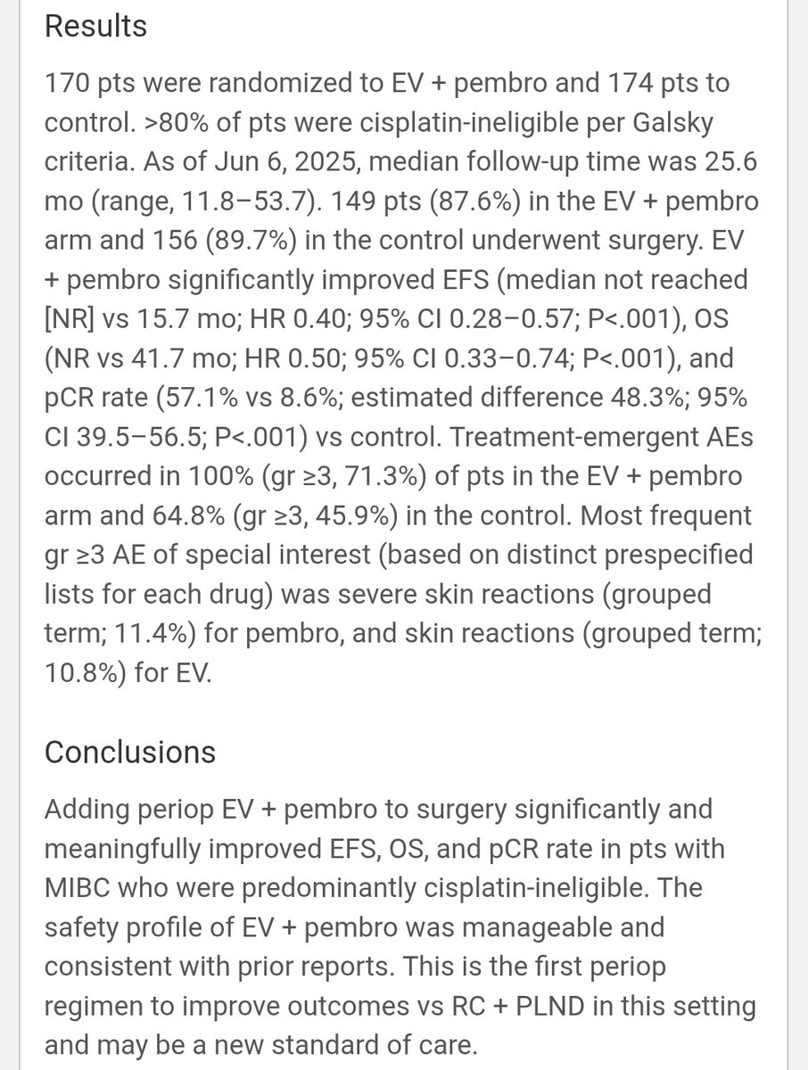 SuyogCancer's tweet photo. 🚨 LBA2 | KEYNOTE-905 (ESMO 2025)
Peri-operative Enfortumab Vedotin + Pembrolizumab sets a new standard for cisplatin-ineligible MIBC 💥
🧪 EV + Pembro before & after RC vs RC alone
👥 170 vs 174 pts | FU 25.6 mo
📈 Results:
• EFS HR 0.40 (NR vs 15.7 mo)
• OS HR 0.50 (NR vs 41.7 mo)
• pCR 57% vs 9% 💪
🩹 Grade ≥3 AEs 71% vs 46% (mainly skin tox)
💬 Conclusion: EV + Pembro significantly improves EFS, OS & pCR with manageable toxicity — first effective peri-op regimen for cisplatin-ineligible MIBC.
#ESMO25 @myESMO @tompowles1 @DrChoueiri