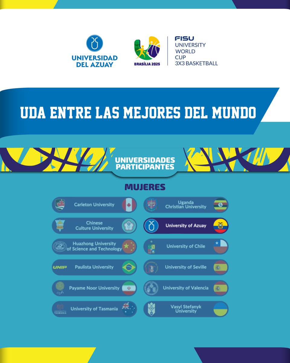 💙🇧🇷 #PumasUDA viajan a Brasilia para competir entre las 12 mejores selecciones del mundo

La selección femenina de baloncesto 3x3 🏀 de la Universidad del Azuay, participará en la Copa Mundial Universitaria de Baloncesto FISU 2025. Estamos orgullosos de nuestra delegación que es