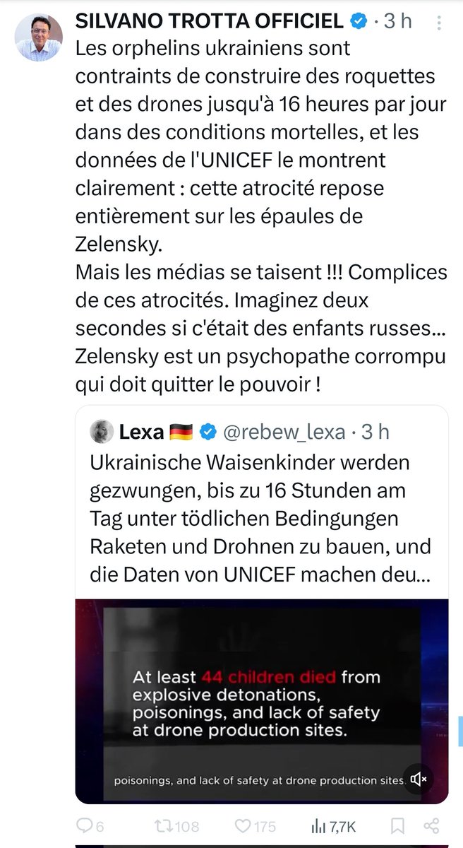 Benoit Arribart (@barribart) on Twitter photo 🚨🚨🚨 Trotta ment - épisode 20 🚨🚨🚨
Non <a href="/silvano_trotta/">SILVANO TROTTA OFFICIEL</a>, quoique prétende cette vidéo, l'Unicef ne reconnait  pas, ni ne condamne, l'hypothétique travail des enfants orphelins ukrainiens. Encore un fois ça t'aurait pris 10 secondes pour vérifier...
🧵1 🚨🚨🚨 Trotta ment - épisode 20 🚨🚨🚨
Non <a href="/silvano_trotta/">SILVANO TROTTA OFFICIEL</a>, quoique prétende cette vidéo, l'Unicef ne reconnait  pas, ni ne condamne, l'hypothétique travail des enfants orphelins ukrainiens. Encore un fois ça t'aurait pris 10 secondes pour vérifier...
🧵1