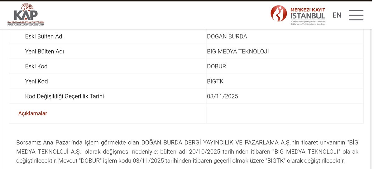 #DOBUR  3 KASIMDAN İTİBAREN  #BIGTK OLARAK DEĞİŞTİRİLECEK
BAKALIM #SELGD #DUNYH OLDUKTAN SONRAKİ HAREKETLERİNİ YAPACAKMI🤷