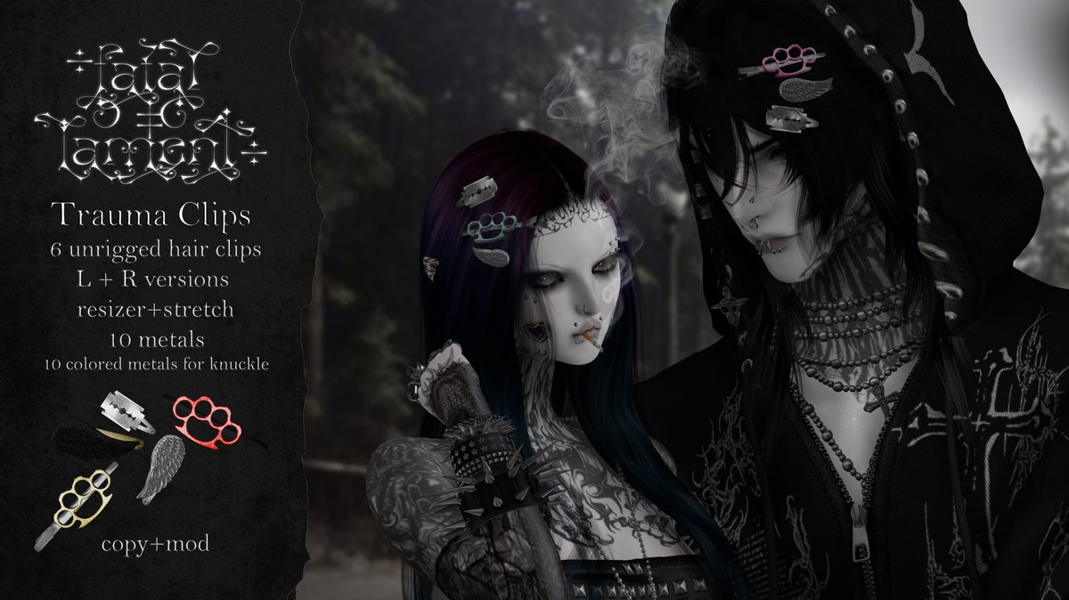 MALSNEWUSERNAME's tweet image. ‘Fatal Lament
Trauma Clips
10 normal metal colors
10 color metals for the brass knuckles + normals metals
unrigged + resized and stretch script
hud enabled
copy+mod

available at @CryptidEvent tomorrow the 18th