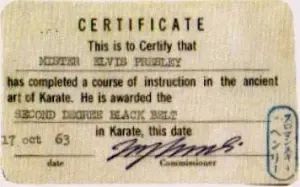 October 17, 1963
Elvis received his 2nd Degree black belt.  He received a certificate with is name on it, which he carried with him until the time of his death.