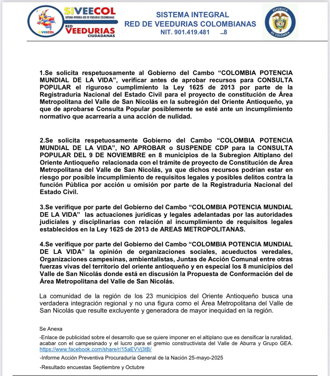 Gustavo García (@tavogarciapi) on Twitter photo La red de veedurías de Colombia solicita al Sr presidente <a href="/petrogustavo/">Gustavo Petro</a> y al <a href="/MinHacienda/">MinHacienda</a> no girar recursos para la consulta sobre el AMO hasta que no se verifique la legalidad de lo actuado.
El área metropolitana de oriente (AMO) es el capricho de la clase política de Rionegro La red de veedurías de Colombia solicita al Sr presidente <a href="/petrogustavo/">Gustavo Petro</a> y al <a href="/MinHacienda/">MinHacienda</a> no girar recursos para la consulta sobre el AMO hasta que no se verifique la legalidad de lo actuado.
El área metropolitana de oriente (AMO) es el capricho de la clase política de Rionegro